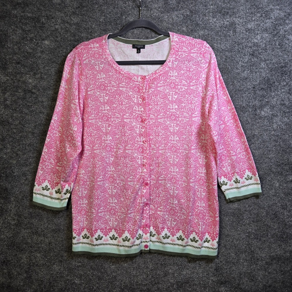 TALBOTS Cardigan Womens 1X Pink Tile Print Contrast Border Country Club